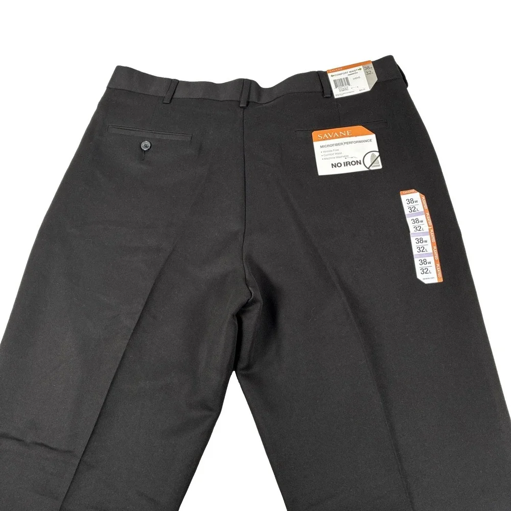 New Mens Savane Pleated Comfort Waist Chino Pants Size 38x32 Black Microfiber